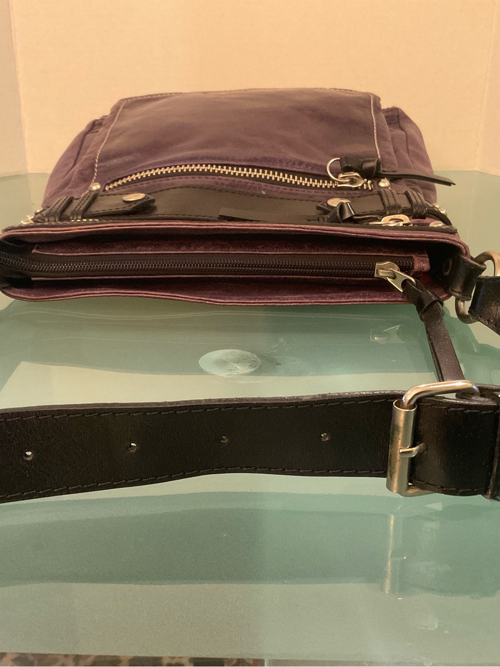 TANO POLISHED PURPLE LEATHER CROSSBODY WITH BLACK TRIM JOINTED CROSSBODY STRAP - Picture 4 of 15